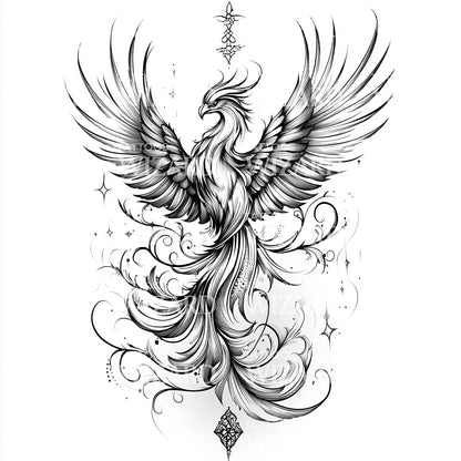 Geometrischer Phönix mit fließenden Federn Tattoo-Design
