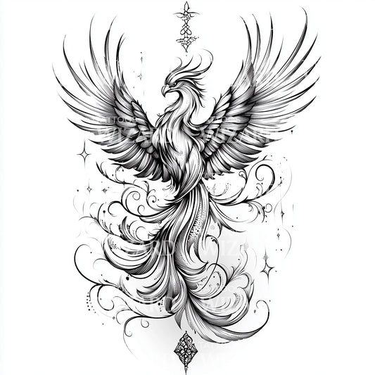 Geometric Phoenix with Flowing Feathers Tattoo Design