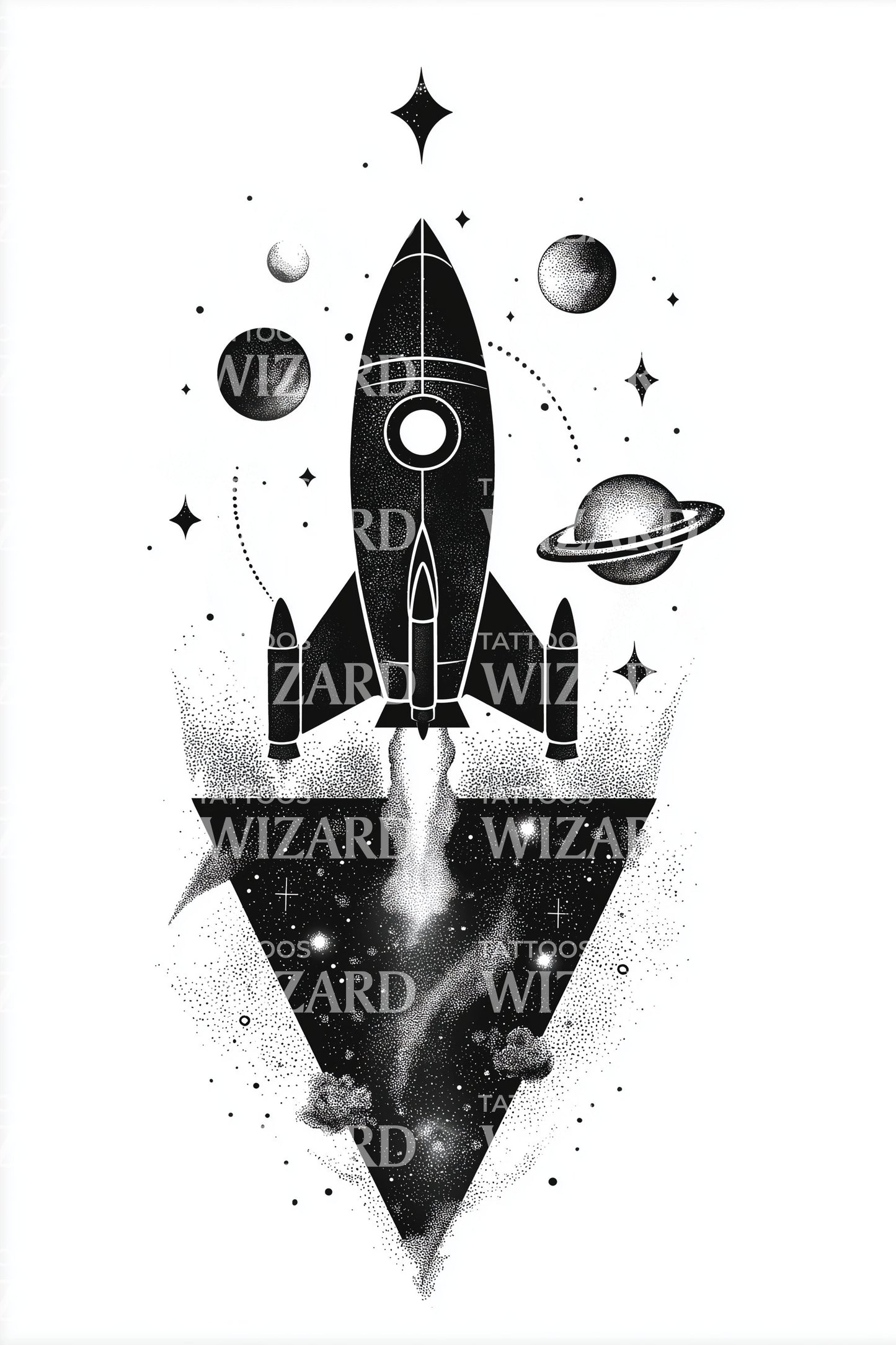 Geometric Rocket and Planets Tattoo Design
