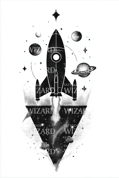 Geometric Rocket and Planets Tattoo Design