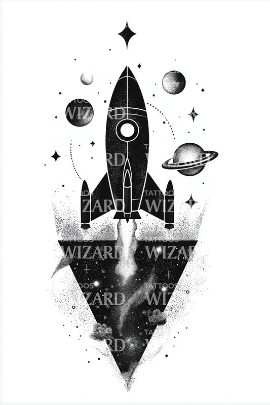 Geometric Rocket and Planets Tattoo Design