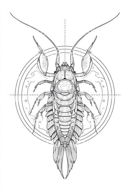 Geometric Shrimp Blueprint Tattoo Design