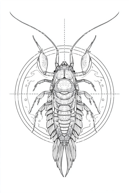 Geometric Shrimp Blueprint Tattoo Design