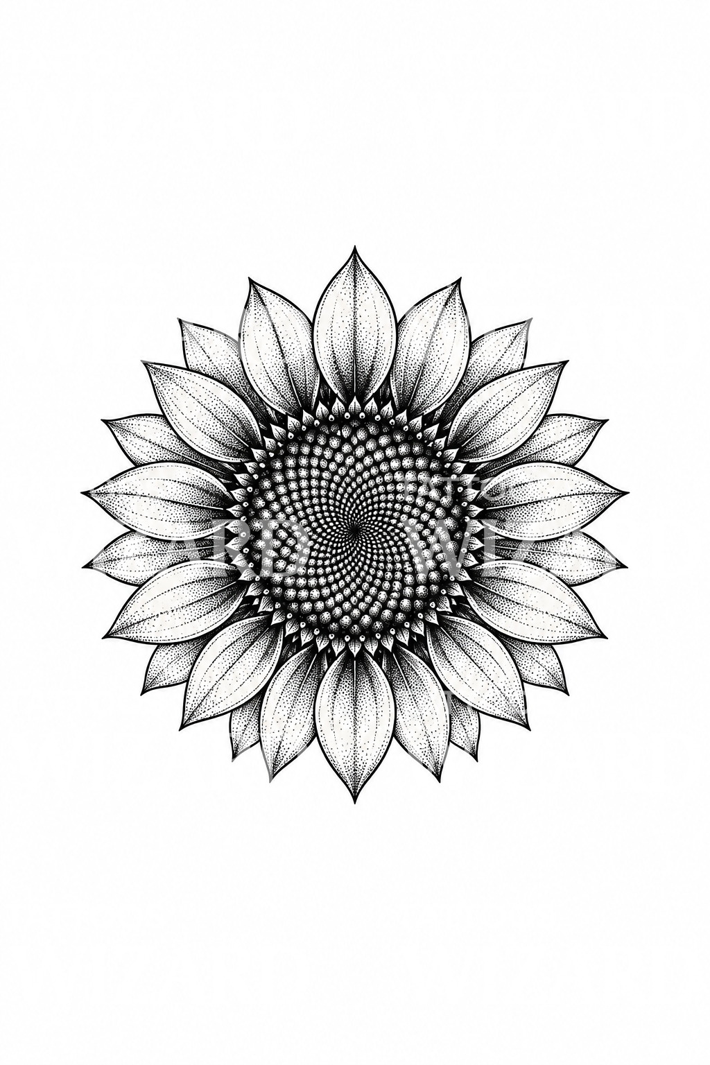 Spiral tohum başlı geometrik ayçiçeği dotwork dövmesi