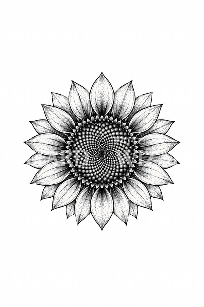 Spiral tohum başlı geometrik ayçiçeği dotwork dövmesi