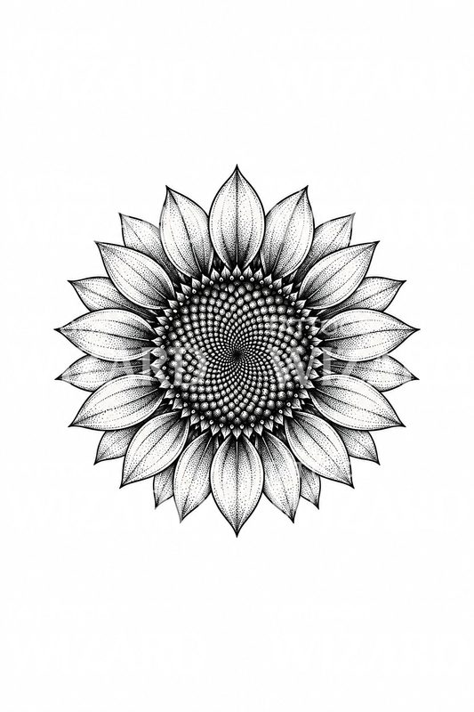 Geometryczny słonecznik ze spiralną główką nasienną, tatuaż dotwork