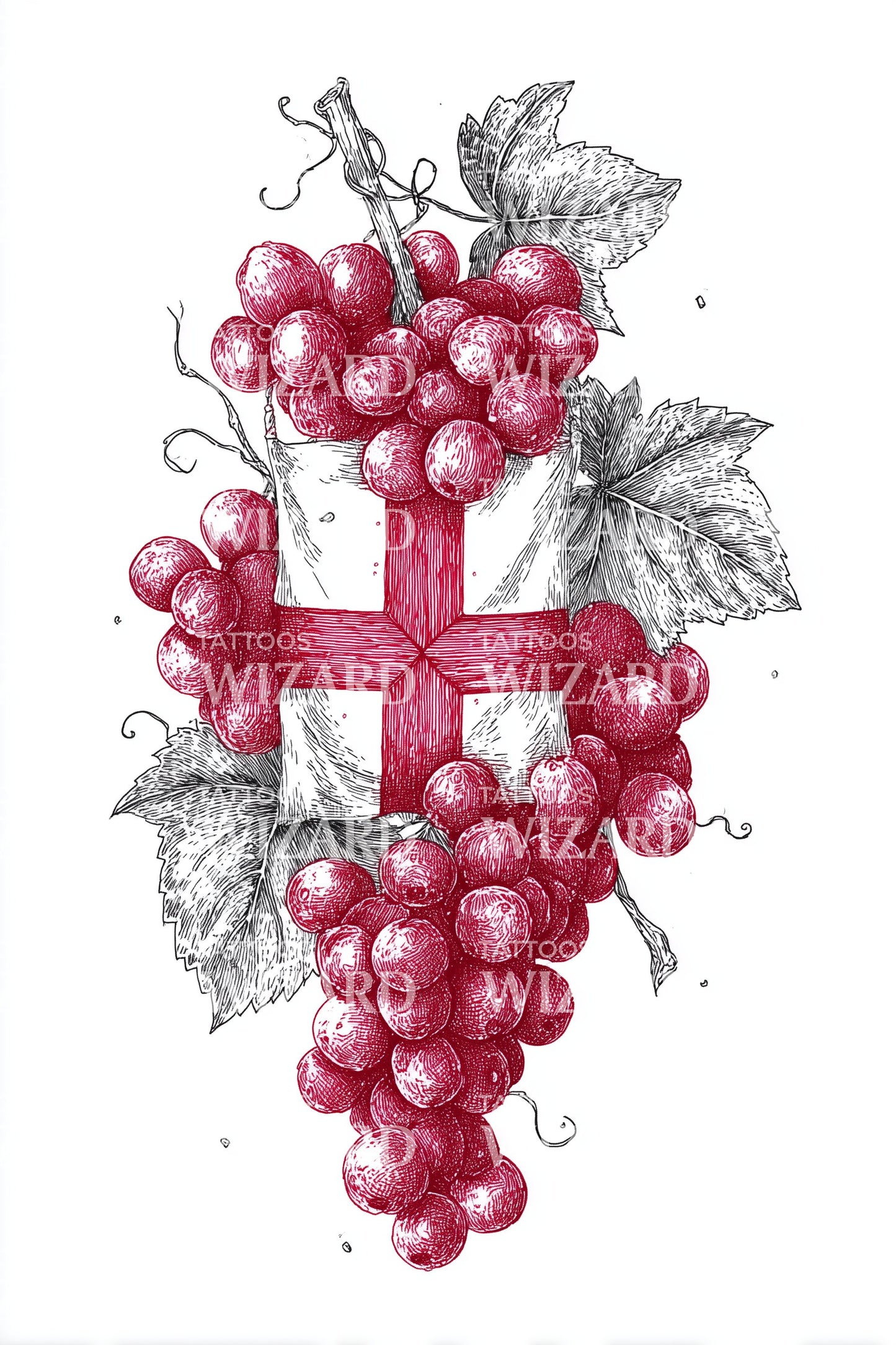 Desenho de Tatuagem de Cruz com Uvas Georgianas