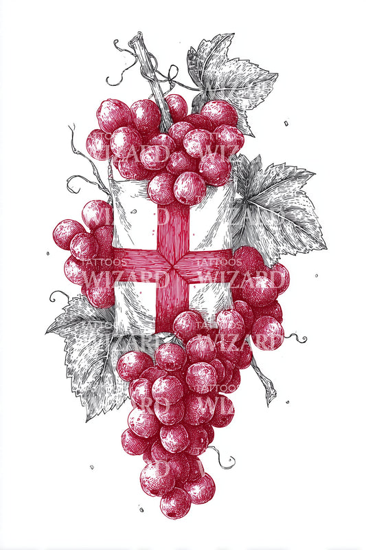 Desenho de Tatuagem de Cruz com Uvas Georgianas