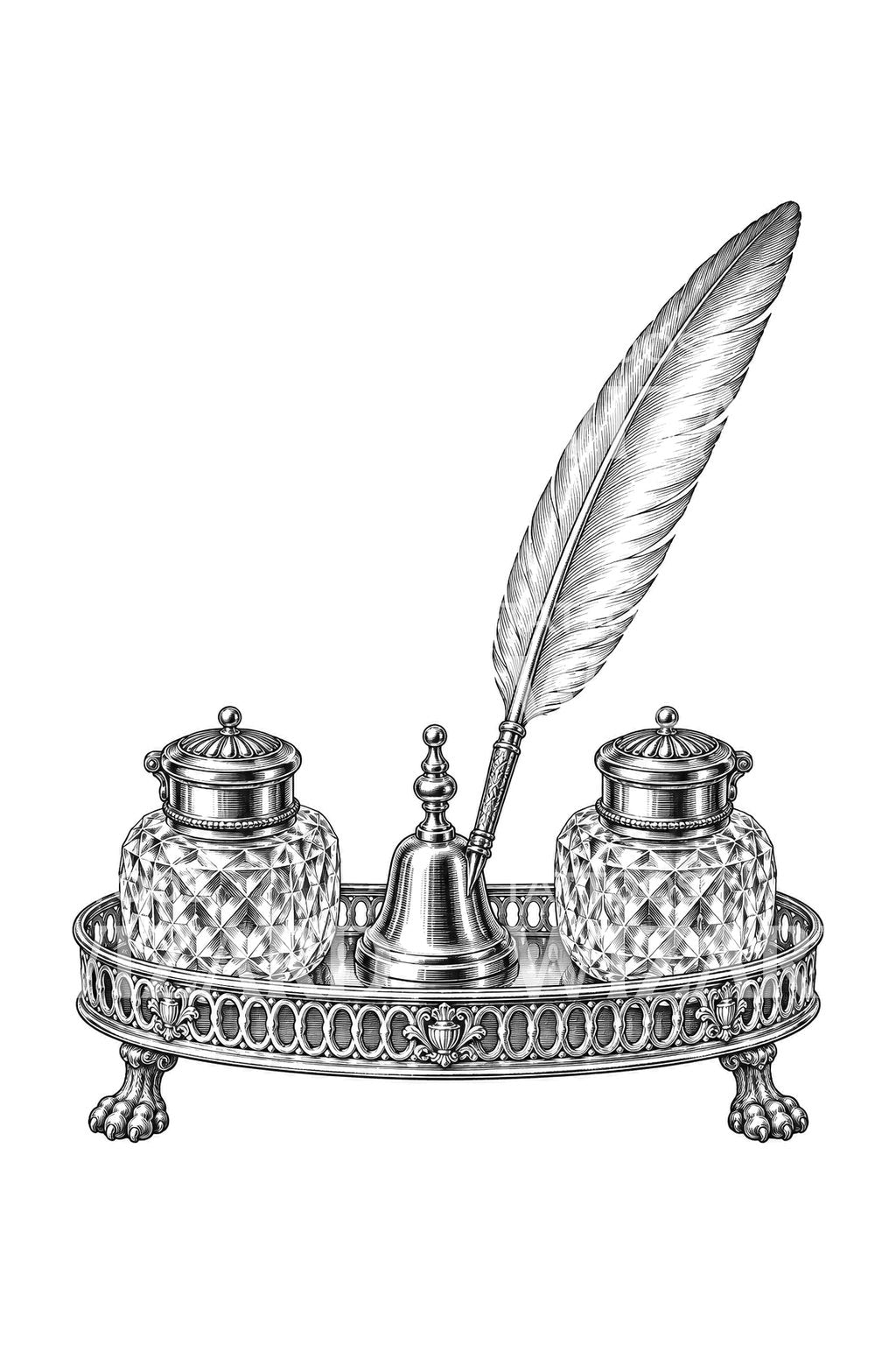 Georgian Silver Inkstand and Quill Tattoo Illustration