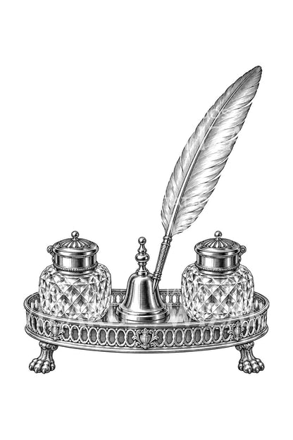 Georgian Silver Inkstand and Quill Tattoo Illustration