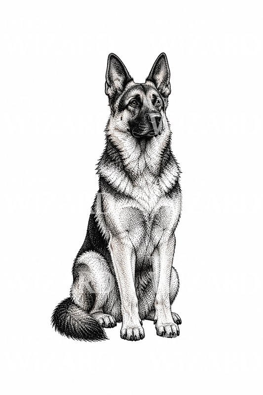 Sitzender, wachsamer Deutscher Schäferhund als Dotwork-Tattoo