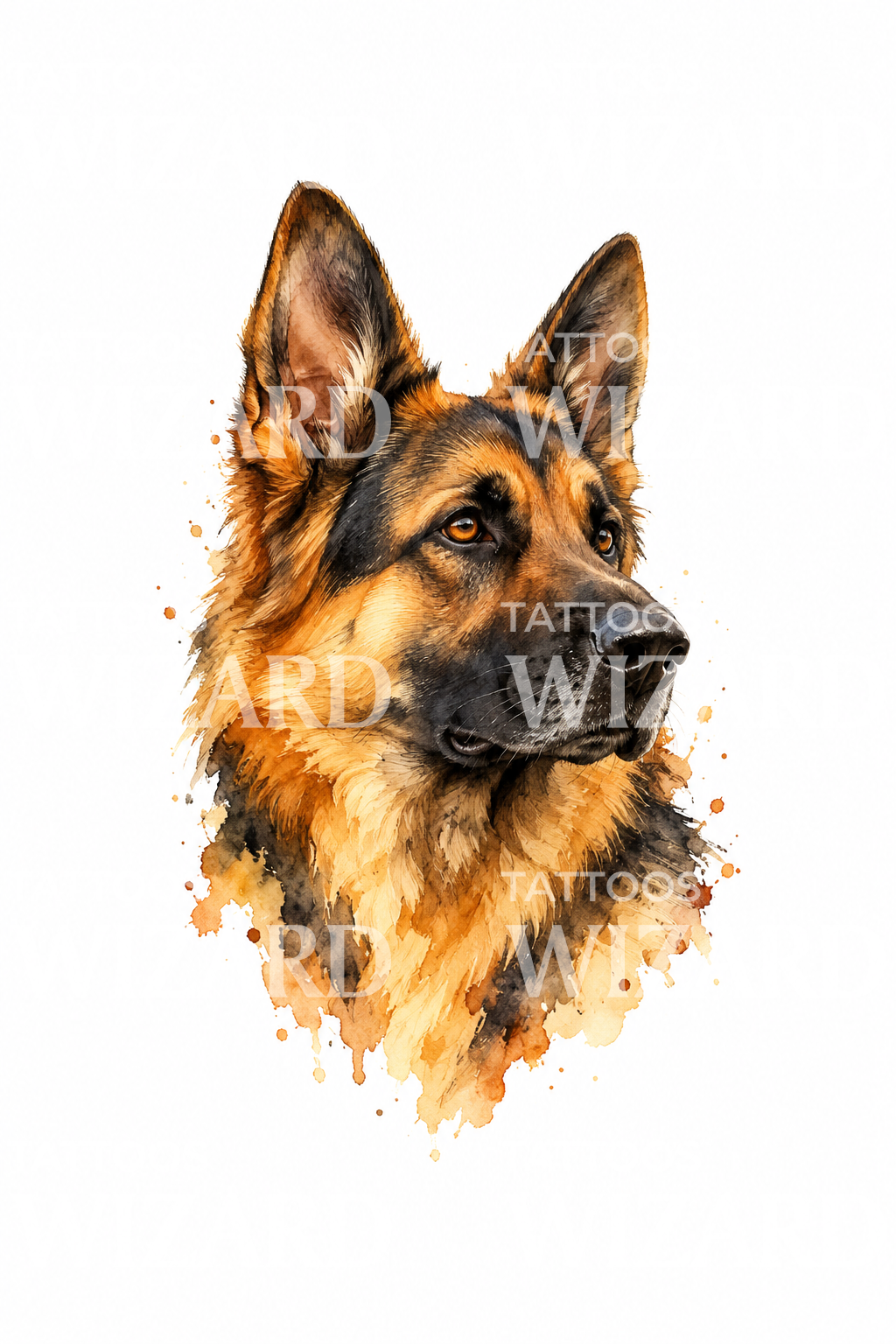 German Shepherd Watercolor Portrait Tattoo Design