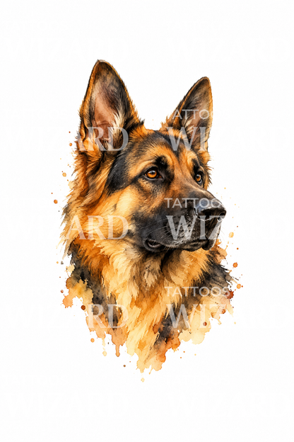 German Shepherd Watercolor Portrait Tattoo Design