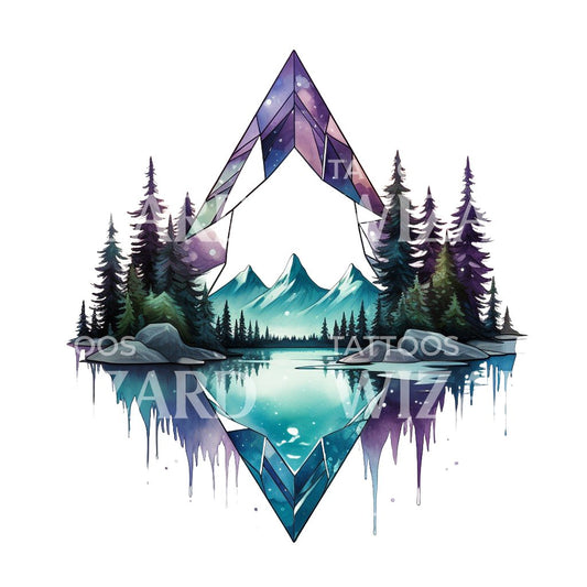 Geometrisches Berg- und Aurora-Borealis-Tattoo-Design