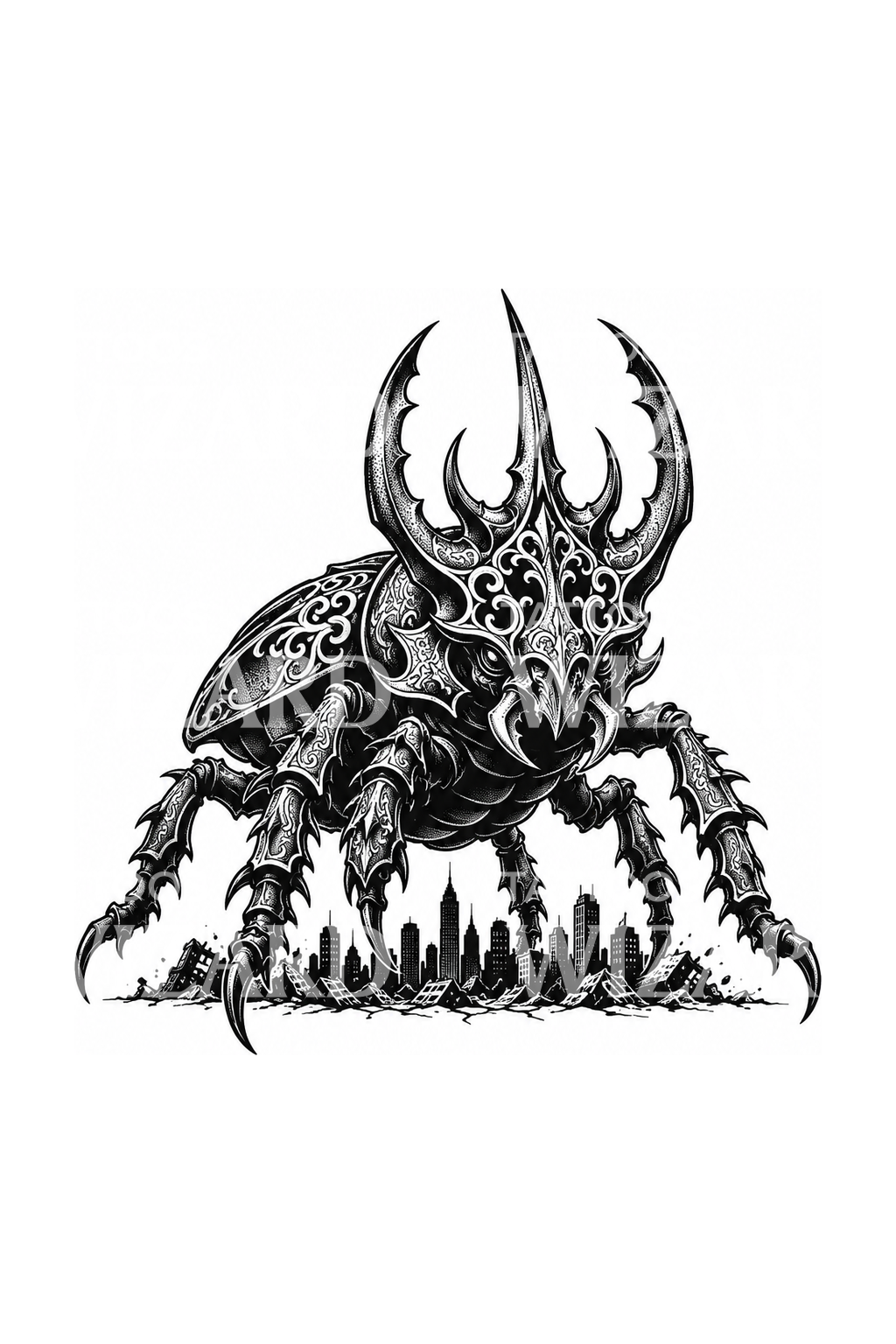Giant Beetle Kaiju over City Blackwork Tattoo – Tattoos Wizard Designs