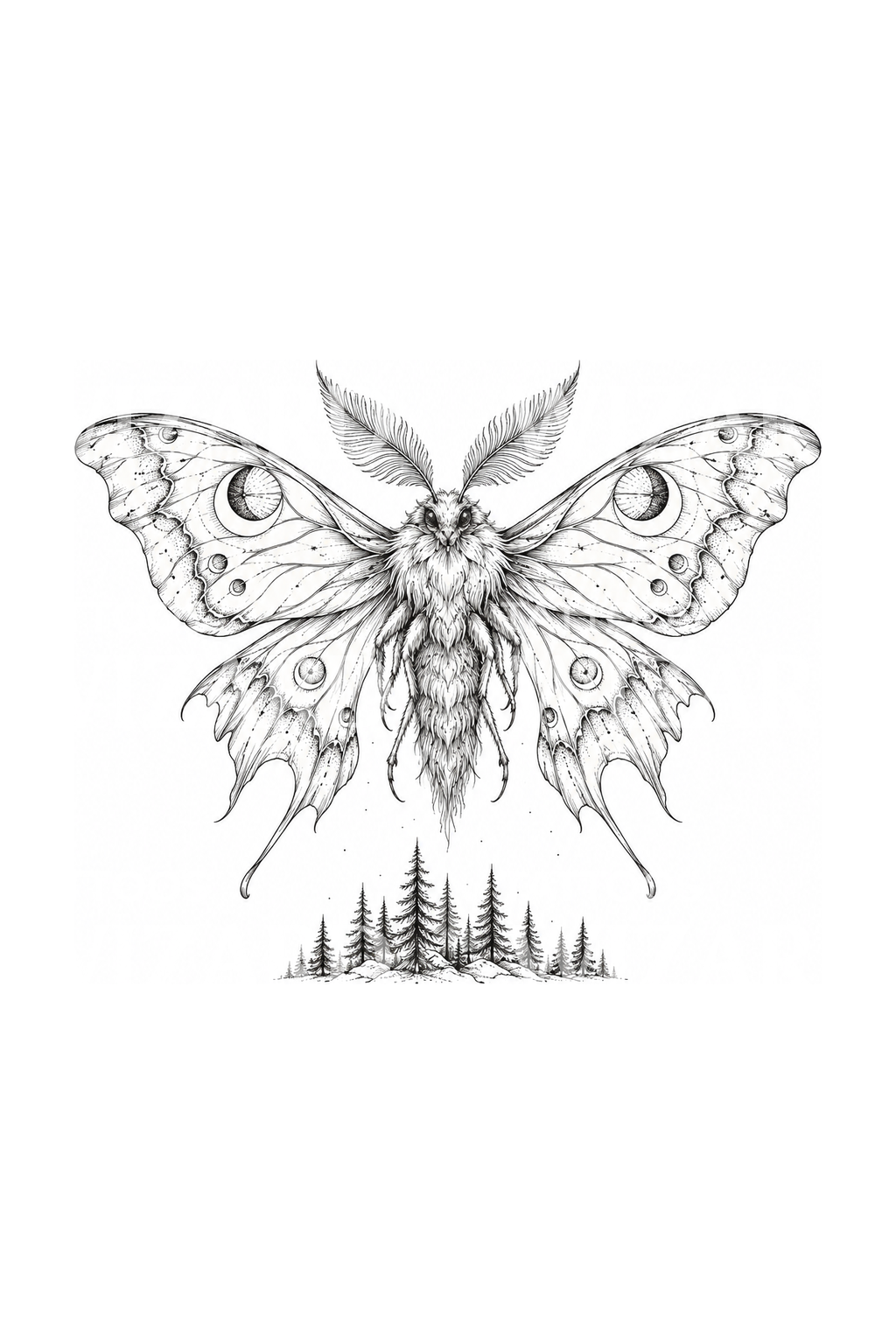 Illustrazione per tatuaggio di un kaiju falena gigante sopra la foresta