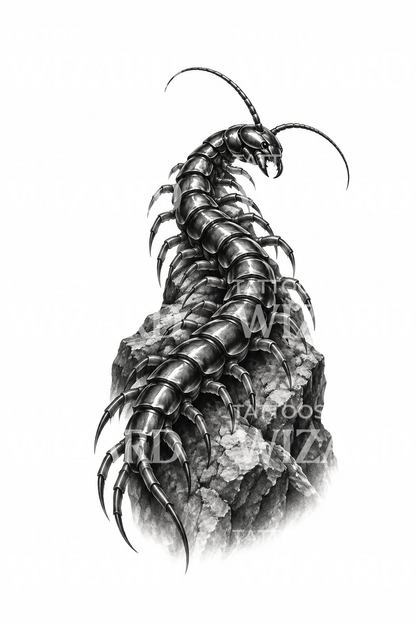 Tatouage de scolopendre géante grimpant sur un rocher, noir et gris