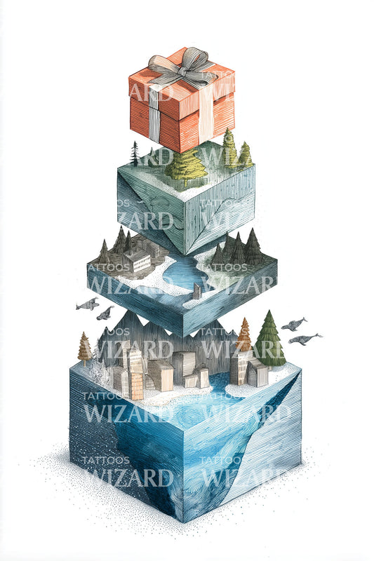Gift Mountain Cube Tower Tattoo Design