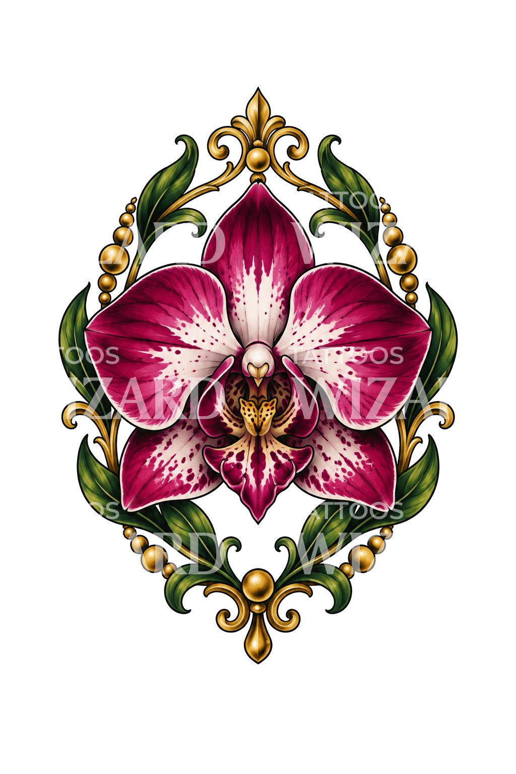 Neo-tradiční tetování orchideje v pozlaceném rámu