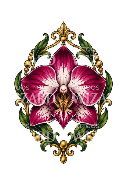 Neo-tradiční tetování orchideje v pozlaceném rámu