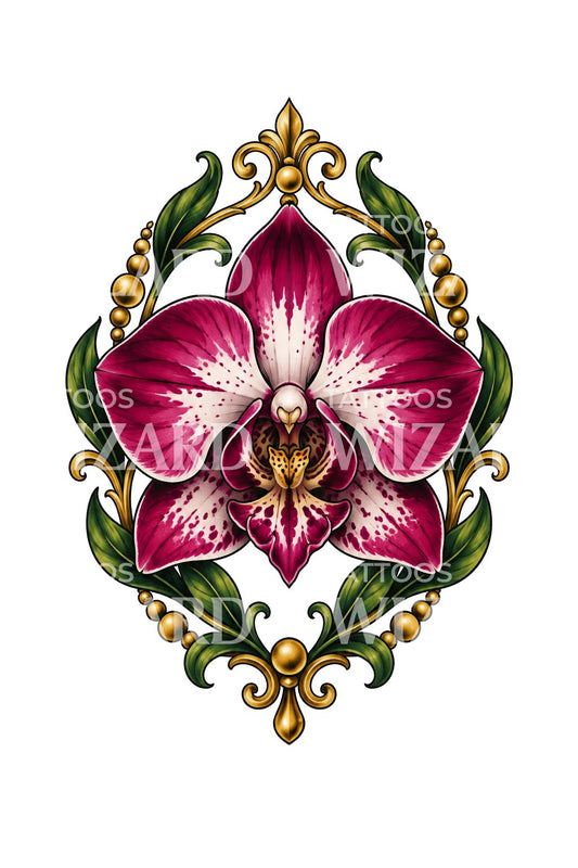 Neo-tradiční tetování orchideje v pozlaceném rámu