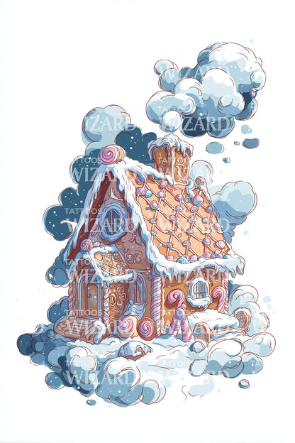 Gingerbread Cottage in Snow Tattoo Design