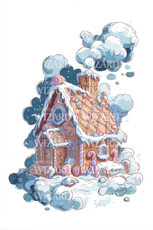 Gingerbread Cottage in Snow Tattoo Design