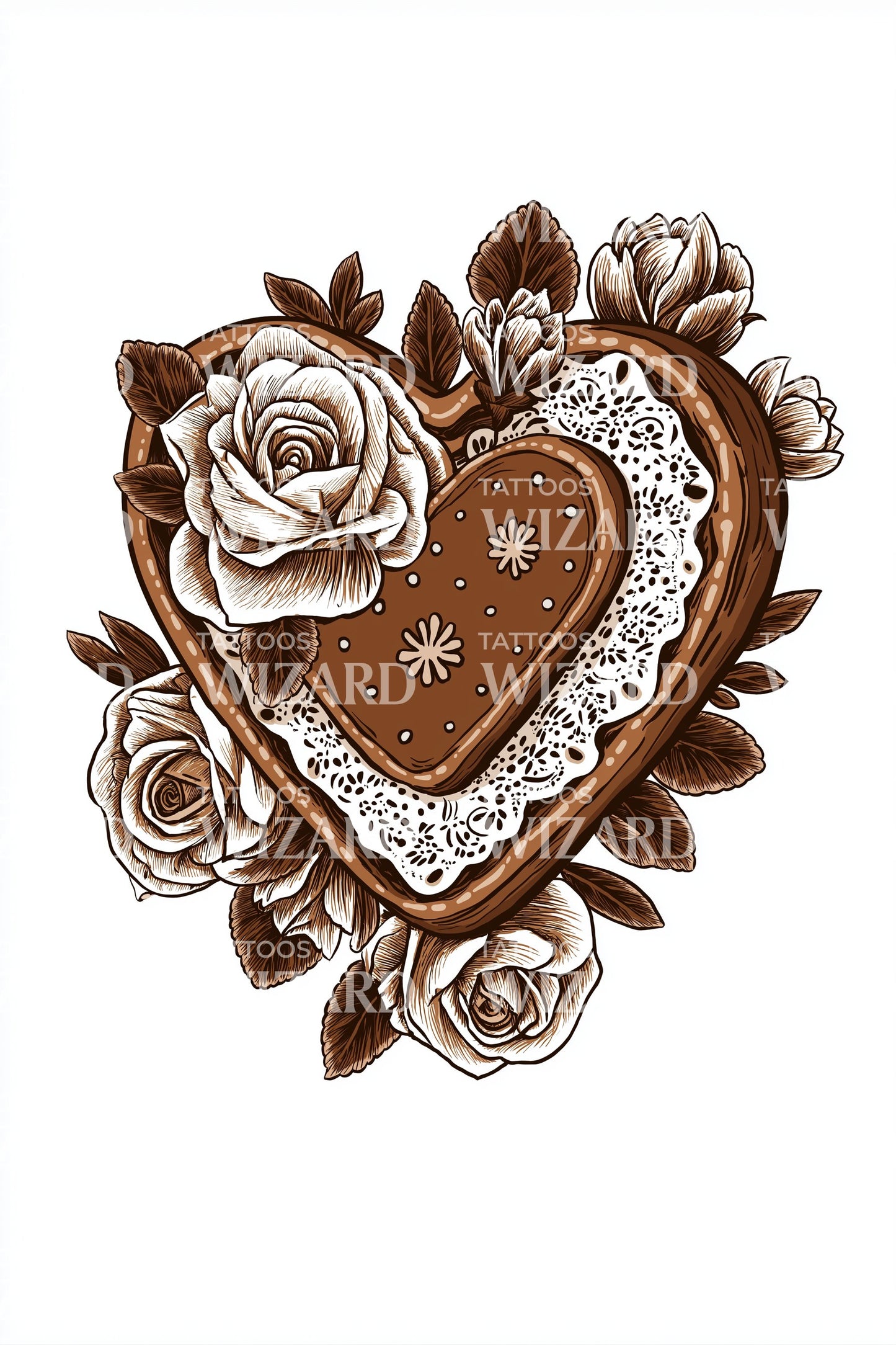 Gingerbread Heart Roses Tattoo Design