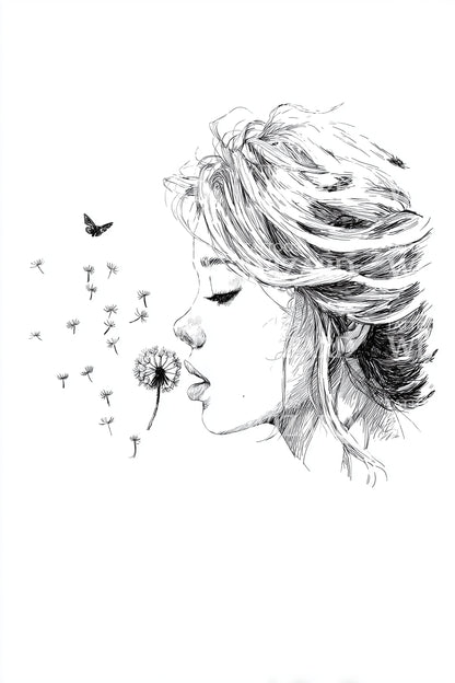 Girl with Dandelion Sketch Tattoo Illustration