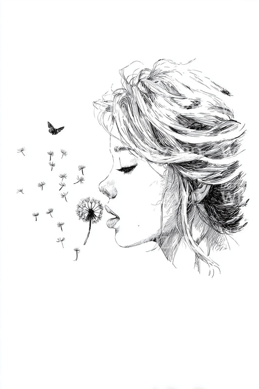 Girl with Dandelion Sketch Tattoo Illustration