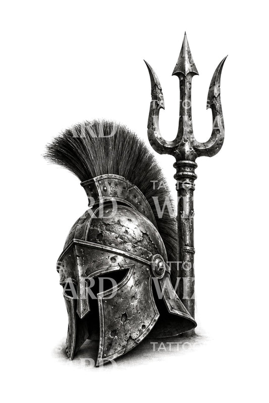 Gladiator Helmet and Trident Tattoo Design