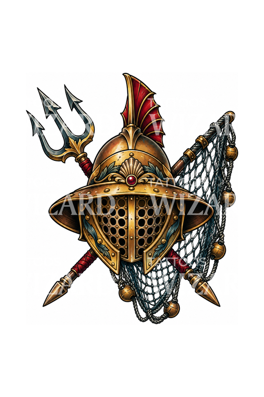 Gladiator Helmet with Trident and Net Tattoo Design