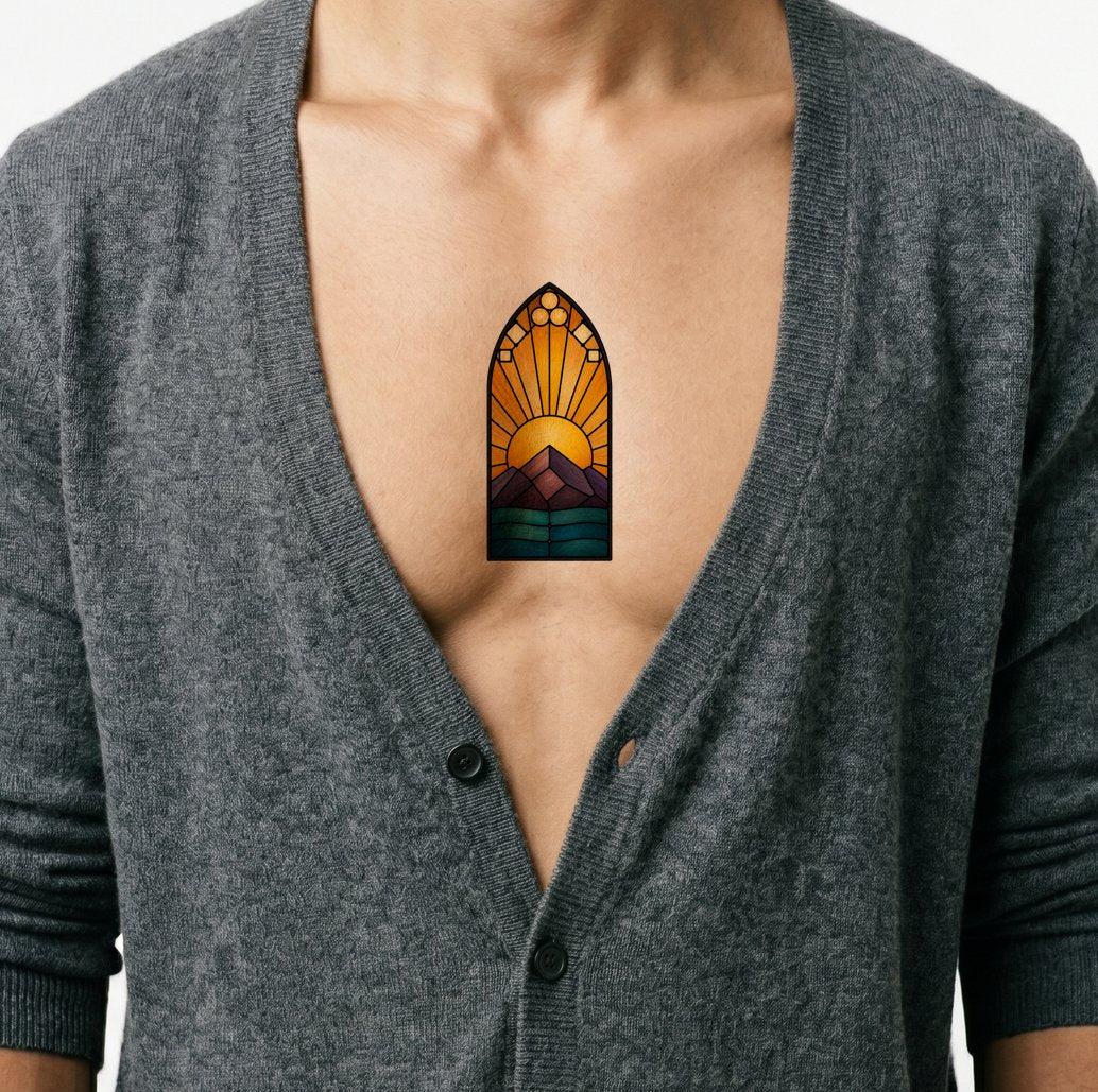 Stained Glass Sunrise Mountain Tattoo Design