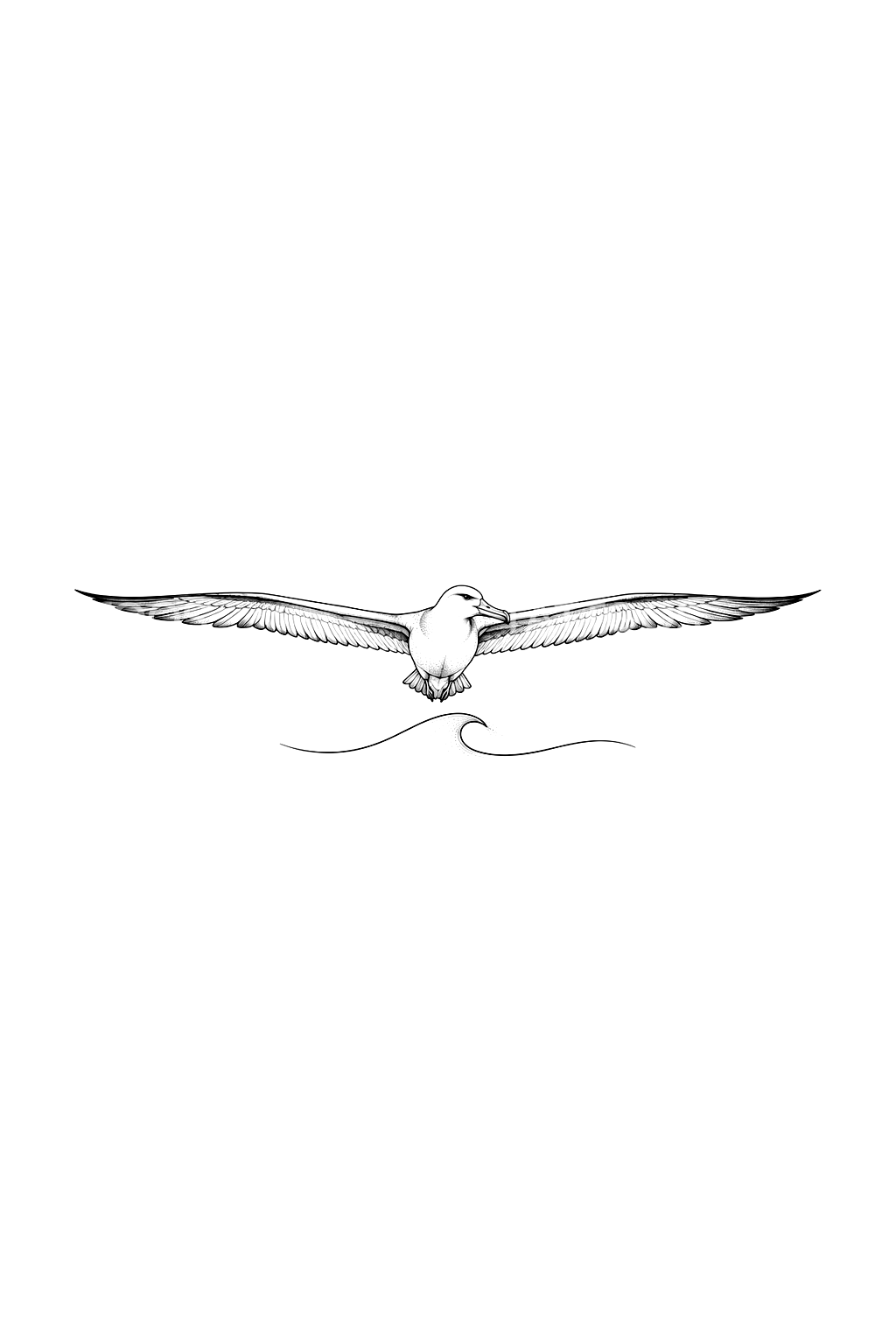 Minimalistisk line-art tatovering med svævende albatros