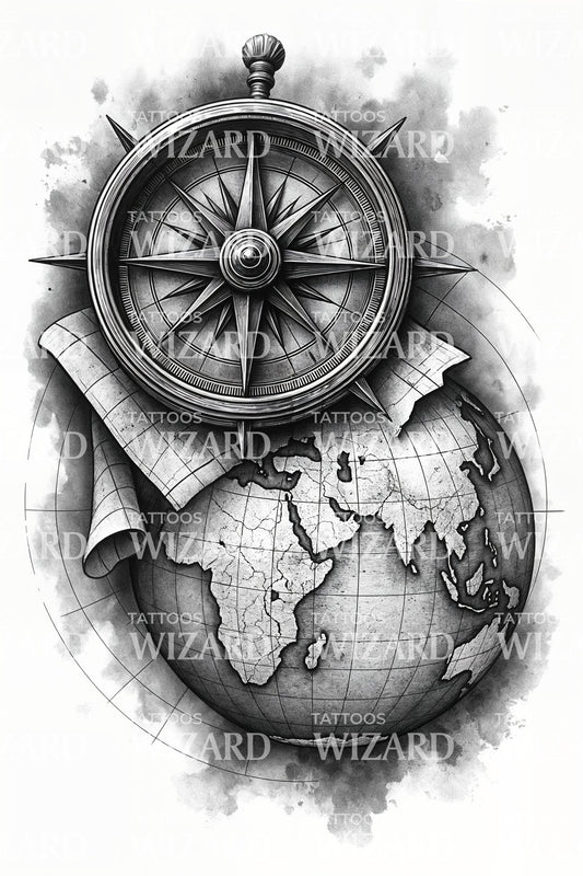 Desain Tato Perjalanan Kompas Globe