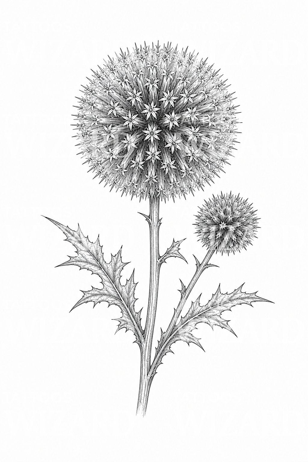 Globe Thistle Fine Line Tattoo Design