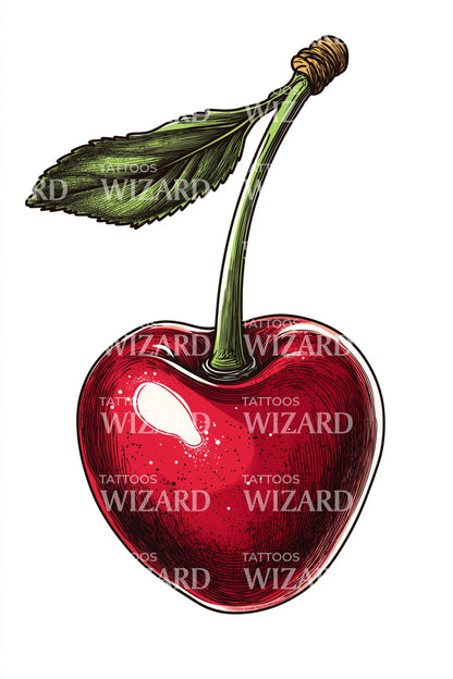 Glossy Cherry with Leaf Tattoo Design