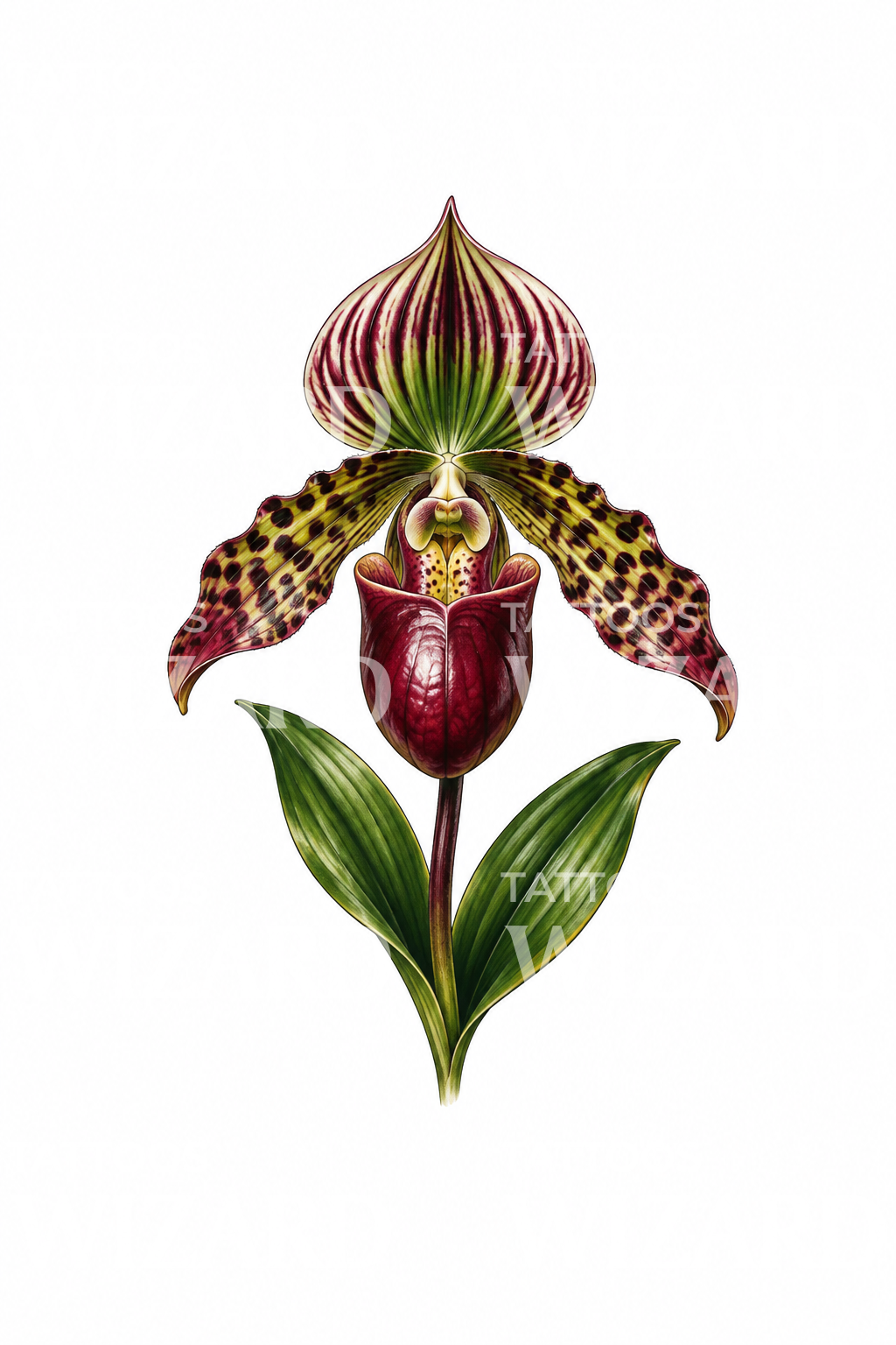 Glossy Pouch Slipper Orchid Realism Tattoo Illustration
