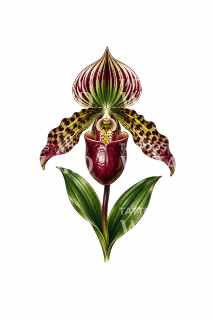 Glossy Pouch Slipper Orchid Realism Tattoo Illustration