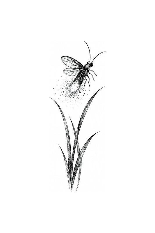 Glowing Firefly above Grass Dotwork Tattoo