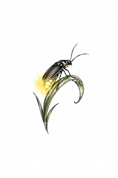Glowing Firefly on a Grass Blade Sketch Tattoo