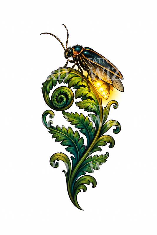 Luciole lumineuse sur fronde de fougère, tatouage néo-traditionnel