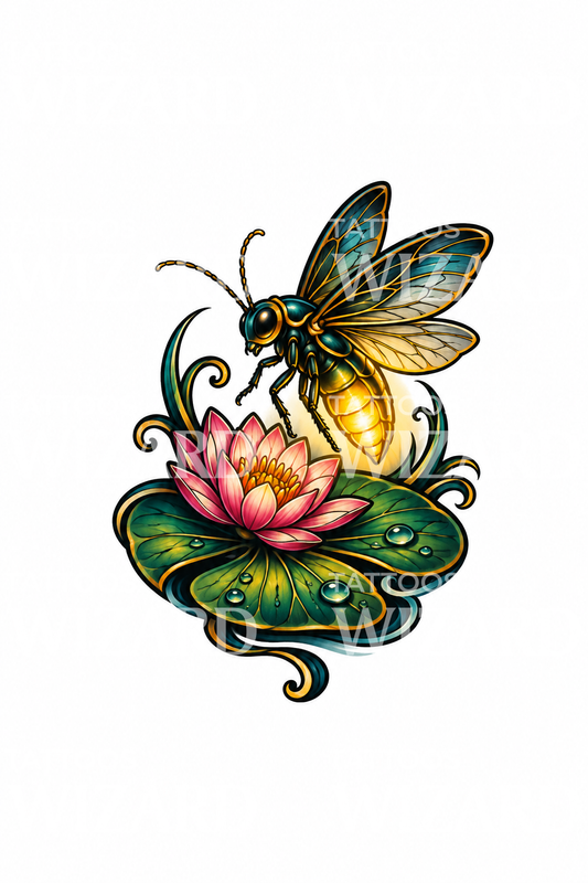 Glowing Firefly over Water Lily Neo Traditional Tattoo