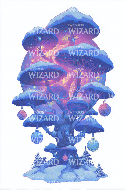 Glowing Mushroom Tower Tattoo Design