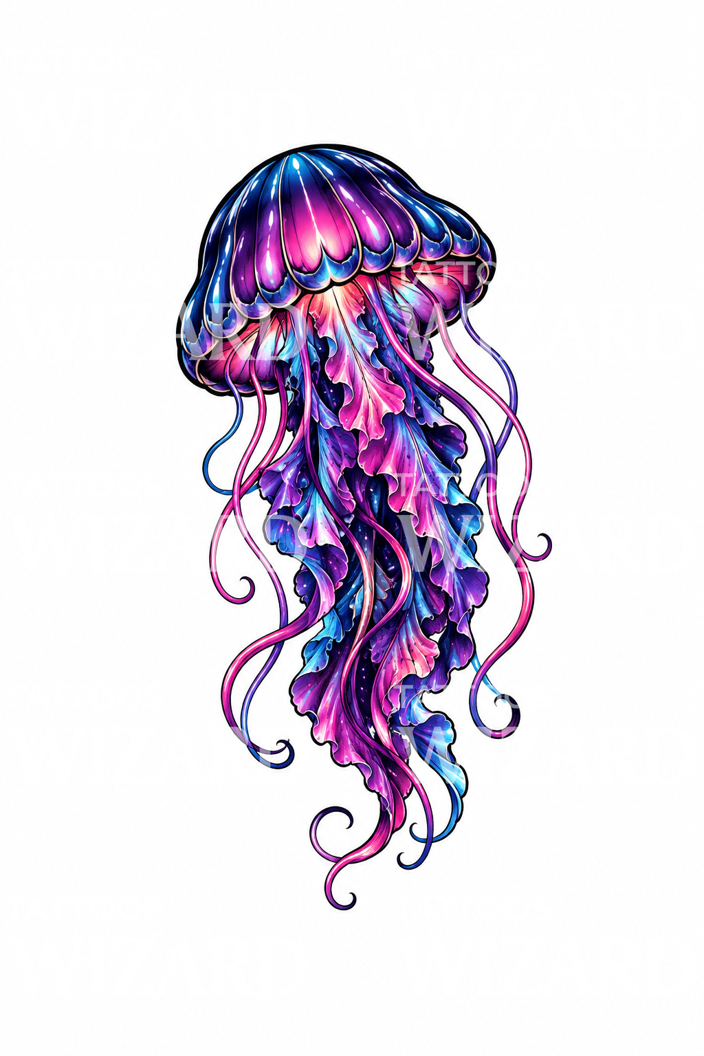 Neo traditional-tatovering med lysende pink og violet vandmand