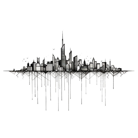 Skizze eines Tattoos mit Skyline einer Stadt
