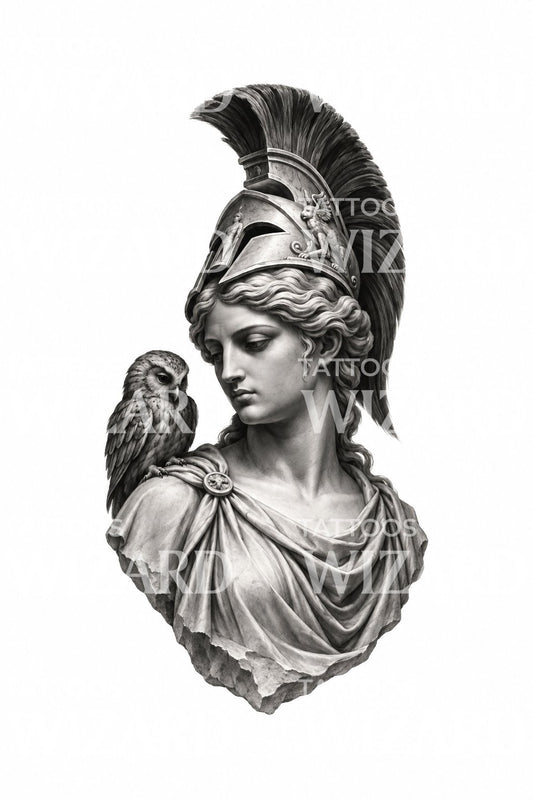 Ilustrasi tato Dewi Athena dan burung hantunya