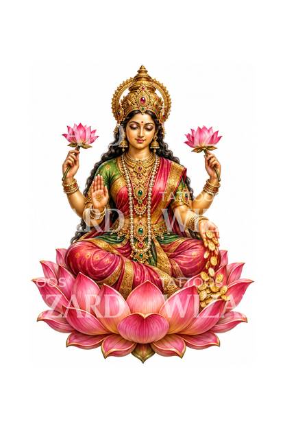 Göttin Lakshmi auf einer rosa Lotusblüte, Tattoo-Design