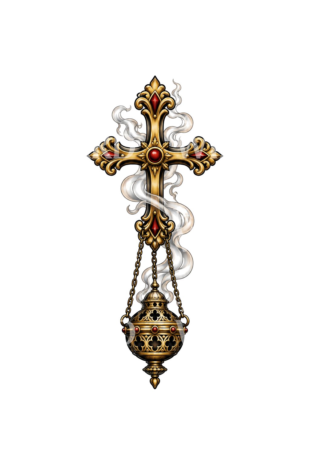 Tatouage d'une croix dorée avec encensoir suspendu