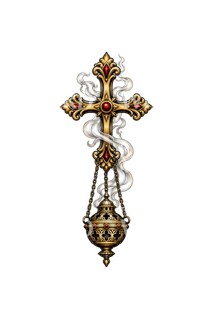 Tatouage d'une croix dorée avec encensoir suspendu